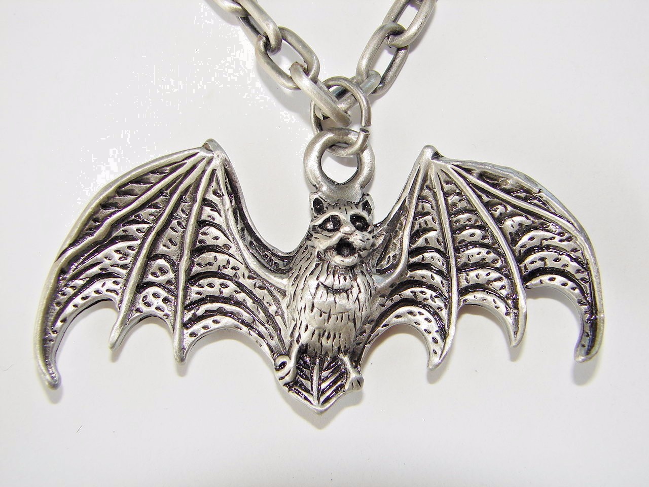 2 1/2″ Pewter Gothic Vampire Bat Pendant Necklace Dracula Alternative Halloween