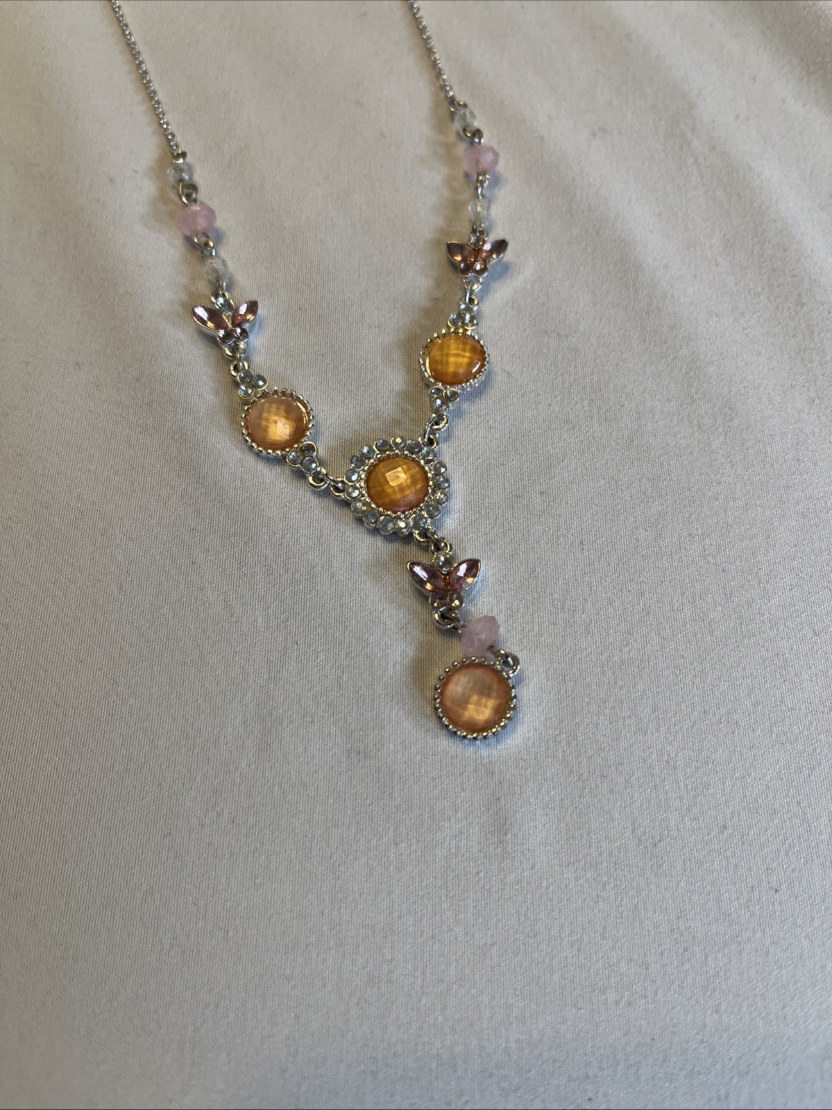 Y Drop Rhinestone Necklace Amber Topez Silver Tone Color Y2K