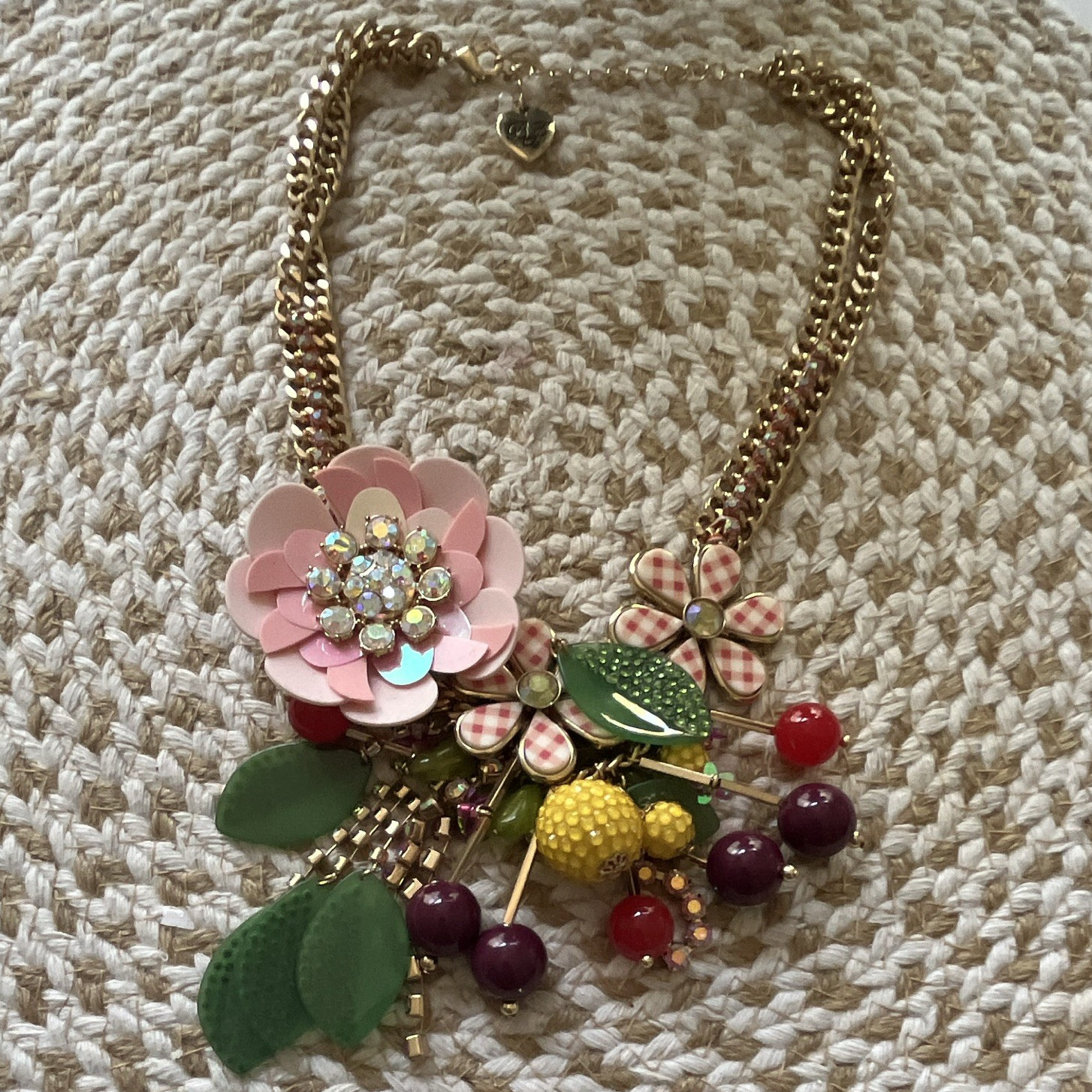 Betsey Johnson Gold Plated Statement Oval Link Charm Necklace, Signed BJ