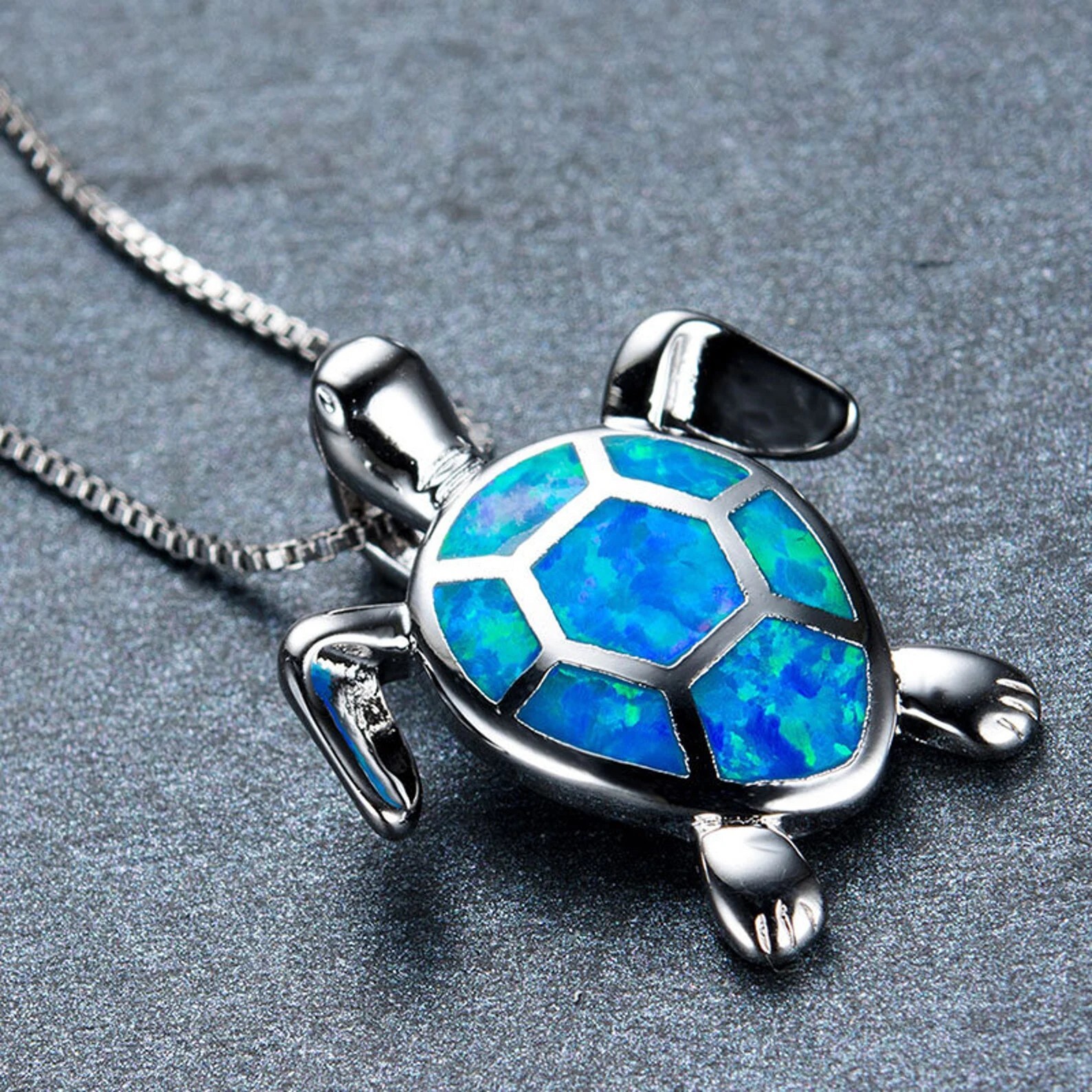 Blue & Silver Shiny Turtle Necklace