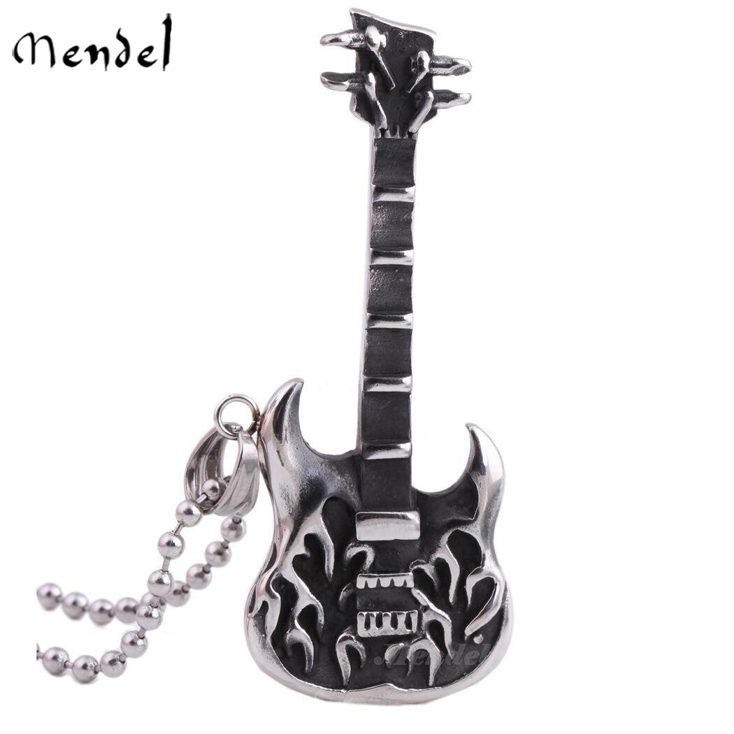 MENDEL Mens Rock N Roll Guitar Necklace Pendant Cool Biker Music Stainless Steel