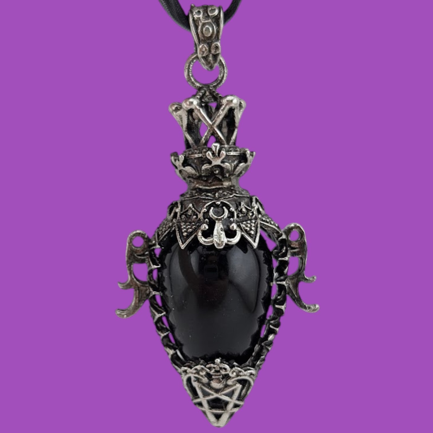 GOTHIC AMPHORA NECKLACE black glass metal pendant witch halloween choker N2