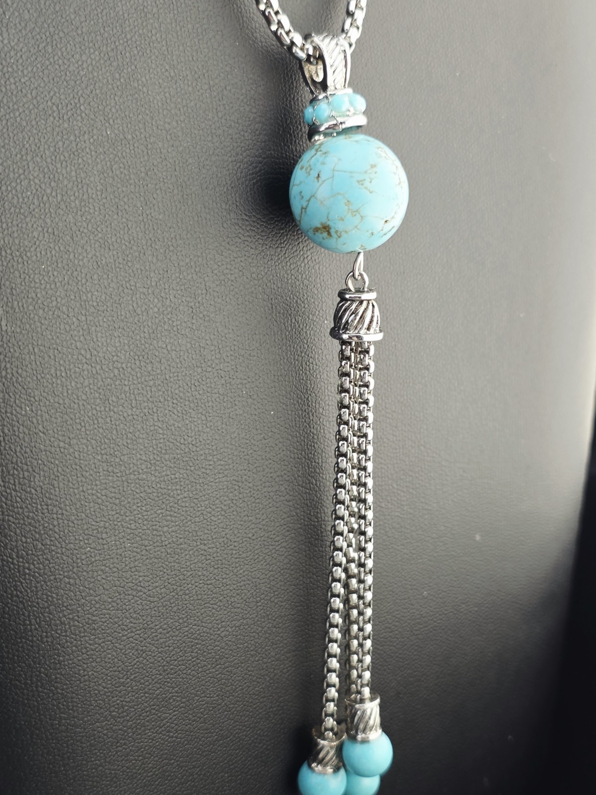 Southwestern Turquoise Tassel Pendant Necklace Heavy Silver Tone 16½” – 19½”
