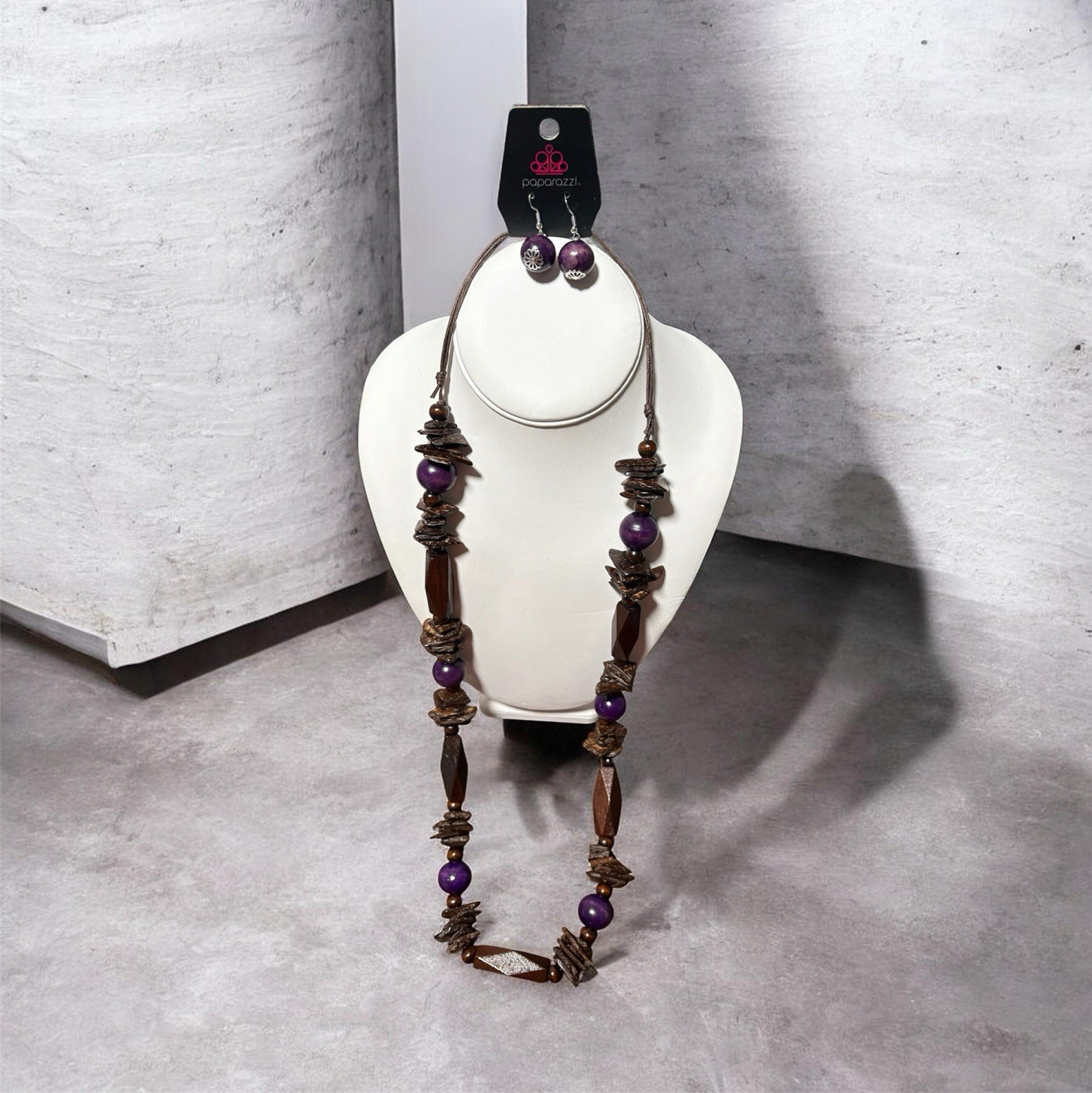 Paparazzi Brown Wood Beaded Statement Necklace & Earrings Bohemian Ball/Bead