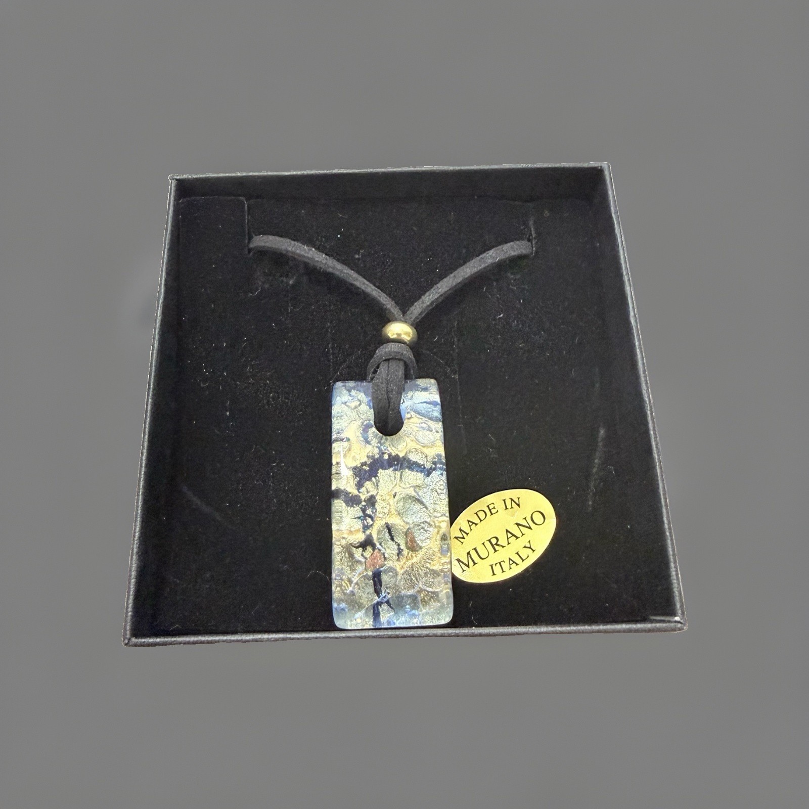 Murano Glass Signed Blue Gold Rectangle Charm Pendant Cord Necklace Italy