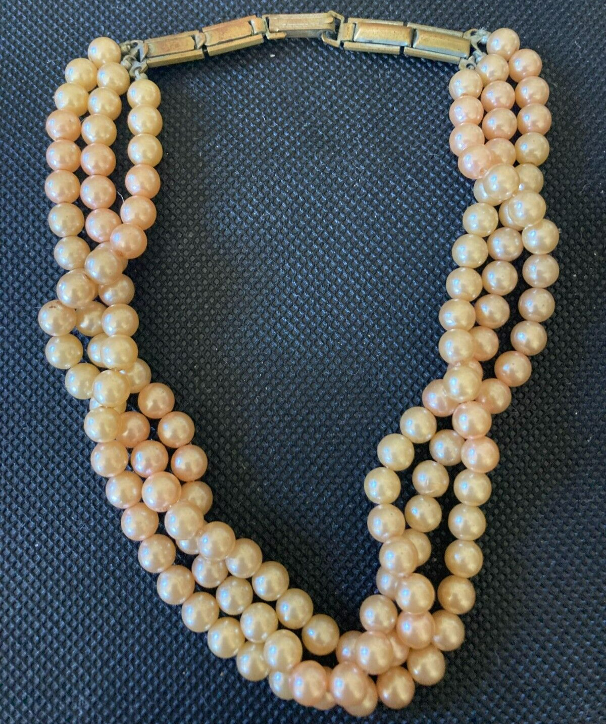 Necklace Antique Faux Pearl Choker 3 Strands Pink Pearls Fold Over Clasp 12″