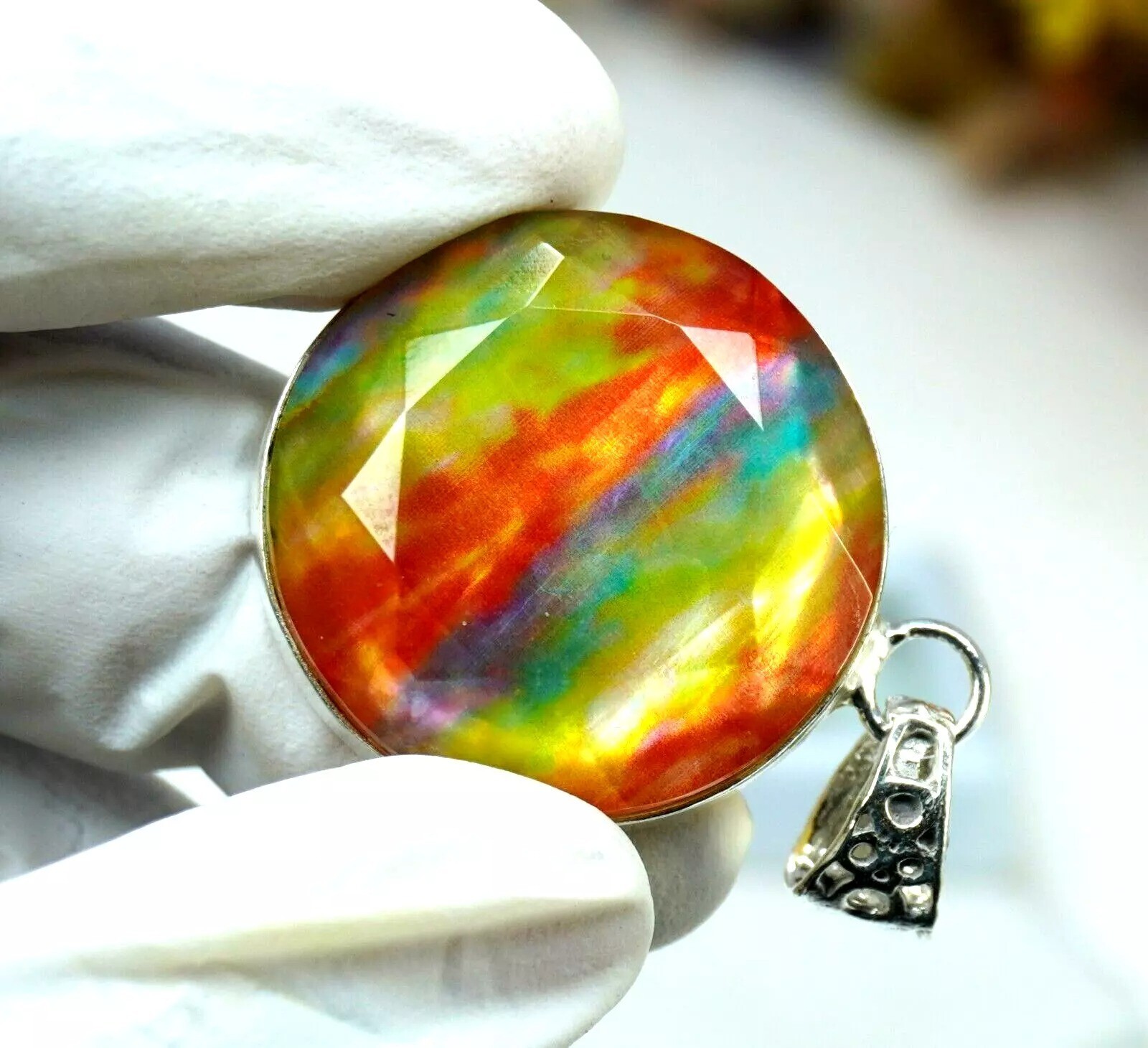 Ammolite Natural 92.56 Ct 925 Solid Silver Pendant Round Cut Loose Gemstone