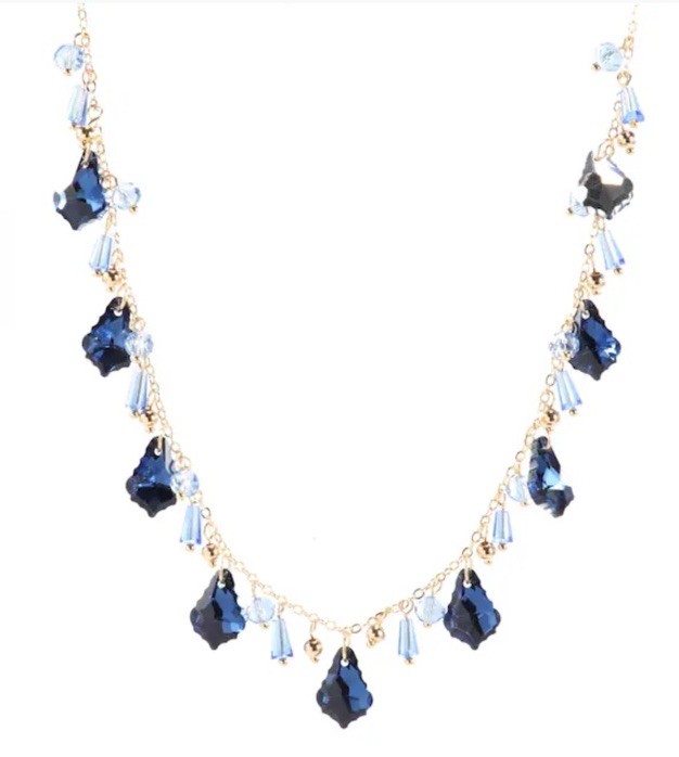 NEW Cara Gold Tone Blue Shaky Crystal Necklace -NWT W/Fabric Pouch