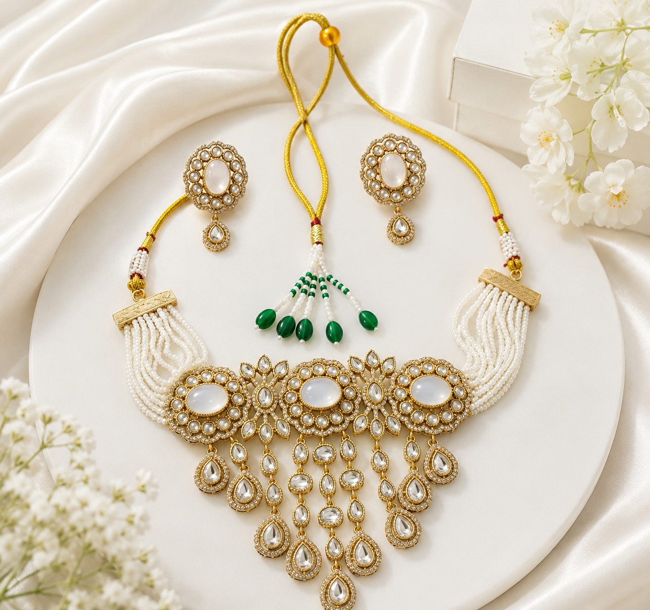 White Beaded Kundan Necklace Set Statement Ethnic Jewelry for Women 139