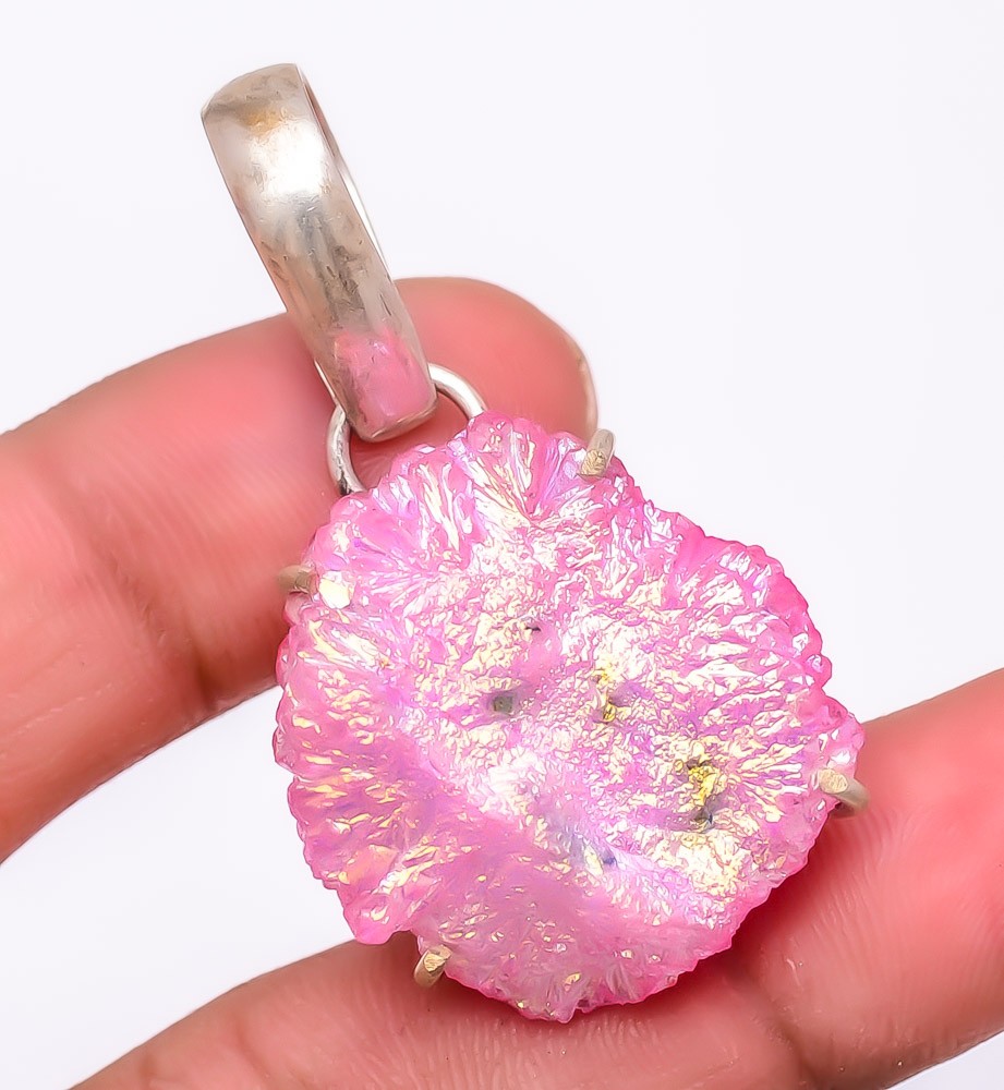 Natural Pink Titanium Drusy Gemstone 925 Silver Plated Pendant 1.7″ T276