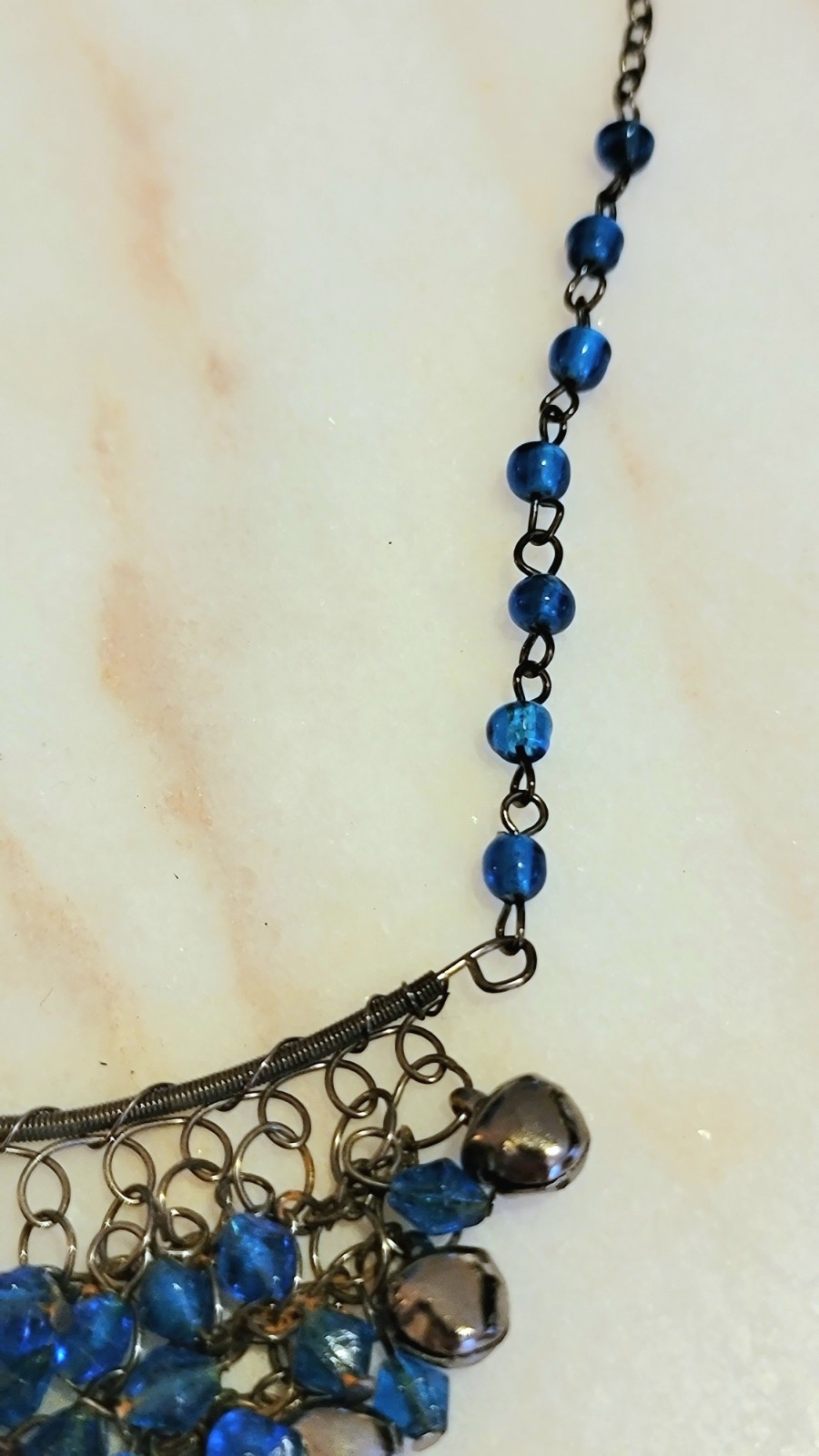 Vintage North India Banjara Bib Necklace ~ Blue Glass Bead Wire Mesh ~