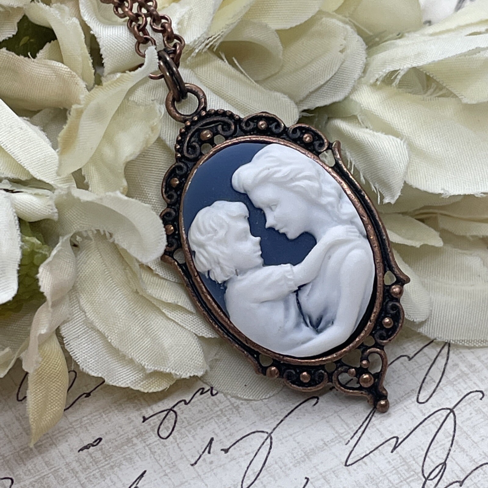 Copper Blue New Mom Heart Wedding Party Jewelry White Mother Day necklace Cameo