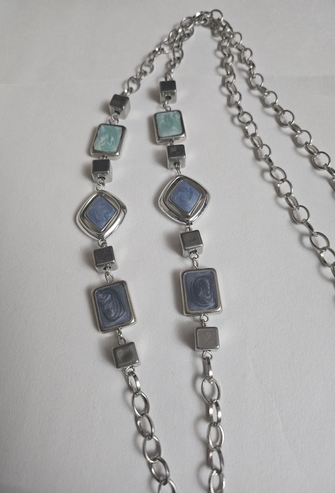 Vintage Long Geometric Statement Necklace Blue Gray Beaded Boho Pendant