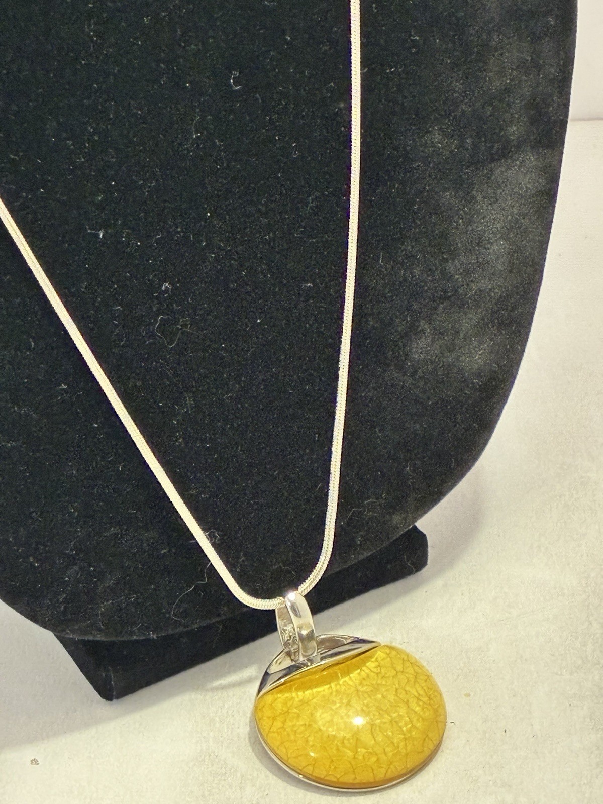 Modernist Yellow Crackle Resin Pendant Necklace Long 30″ Silver Tone Snake Chain