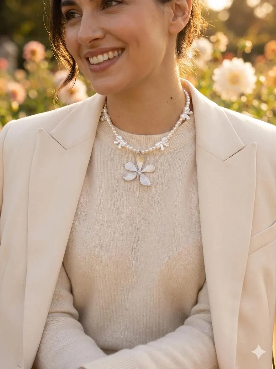Coquette Pearl Bow Necklace | Real Orchid Resin Pendant | Cream Gray Silver