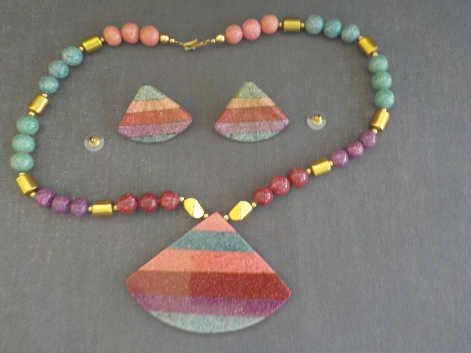 Triangle Necklace & Pierced Earrings Plastic Metal Green Purple Dark Red Blue