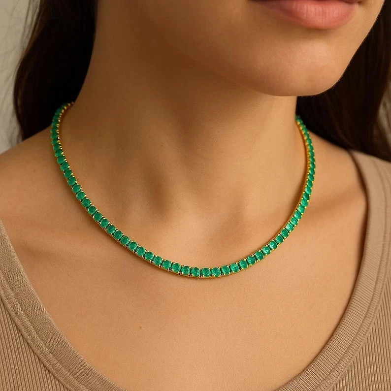 18ct Lab Created Round Cut 4mm Emerald 14K Yellow Gold Plated Tennis Necklace