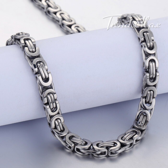 7mm Mens Chain Flat Byzantine Silver Tone Stainless Steel Necklace 18/20/22/24in