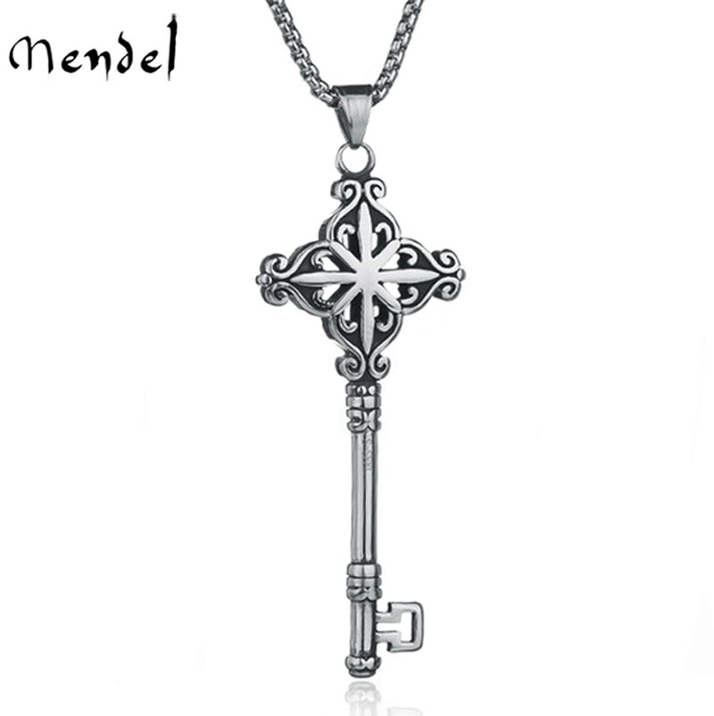 MENDEL Gothic Mens Stainless Steel Hip Hop Key Pendant Necklace Men Silver Chain