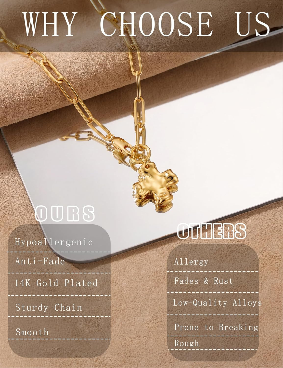 Gold Chunky Cross Necklace for Women Toggle Hammered Cross Chunky Necklaces | 14