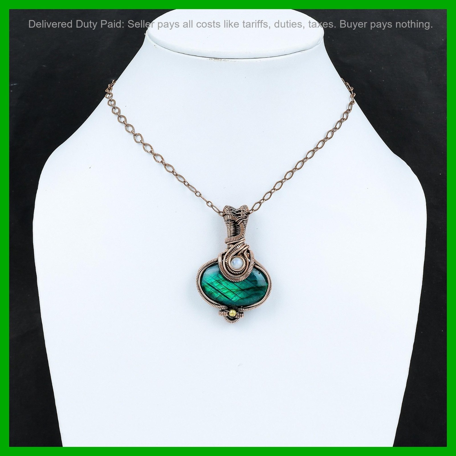 Natural Dark Green Fire Labradorite Rainbow Moonstone New Pendant Jewelry Copper