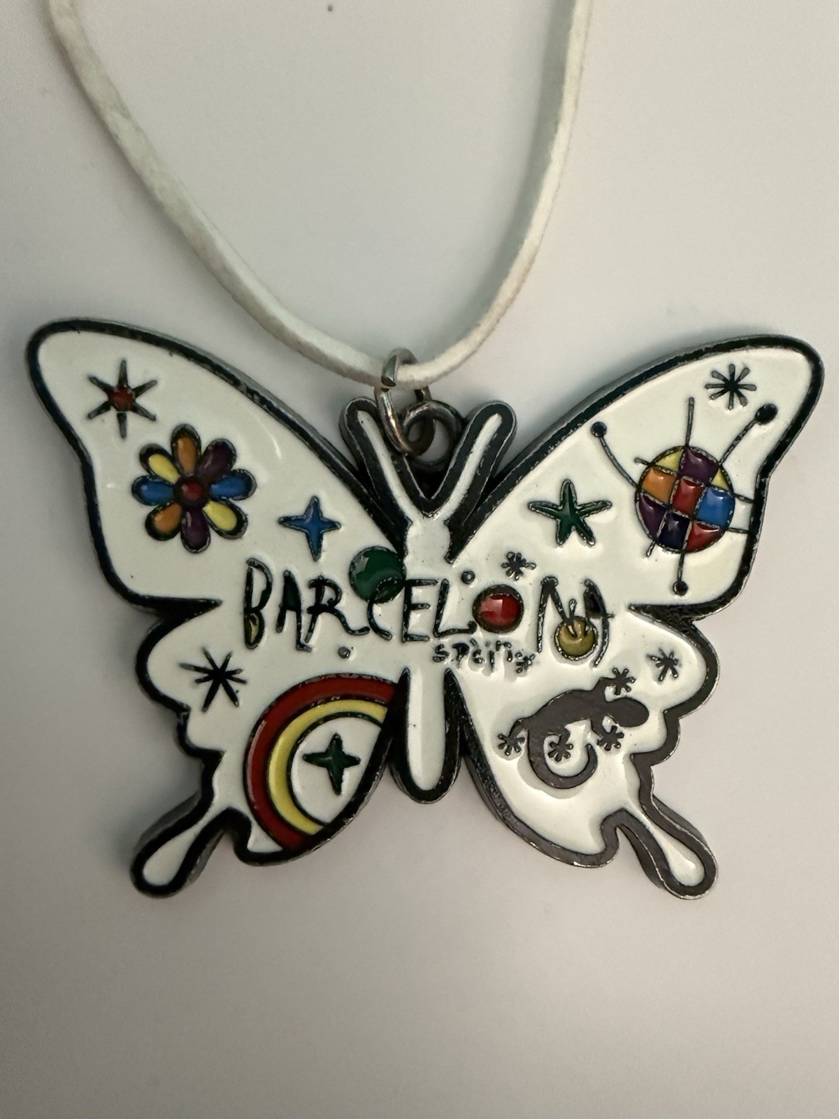 Barcelona Spain Butterfly Pendant Necklace Gaudi Mosaic Enamel Souvenir Cord