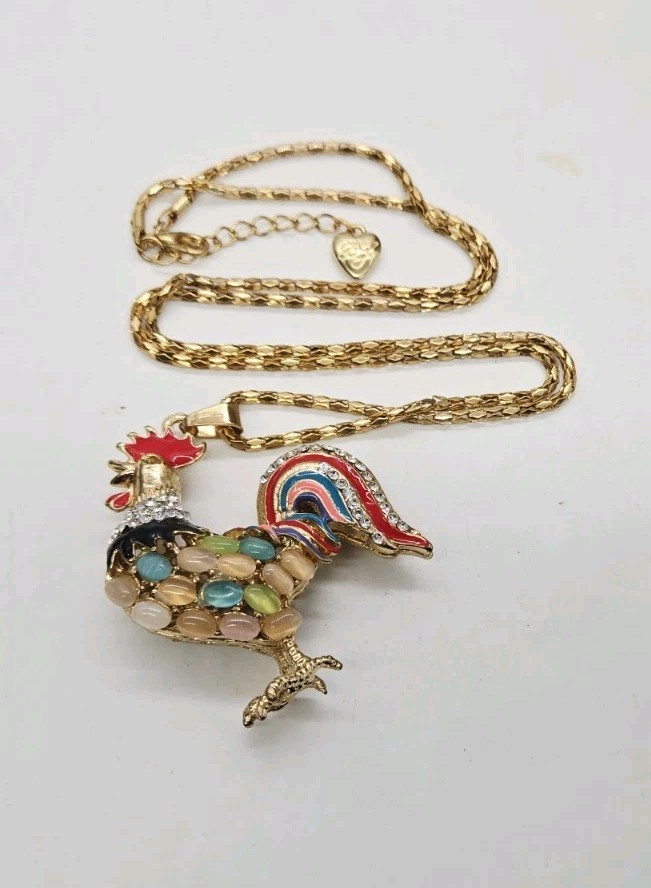 Rooster Necklace Farm Collection Multicolored Enamel Gold tone 27 in