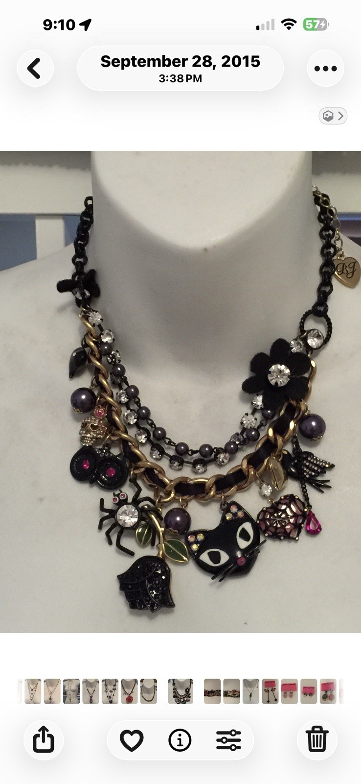Black Gold Tone Layered Cable Chain Charm Necklace Cat Pendant Crystal Glass