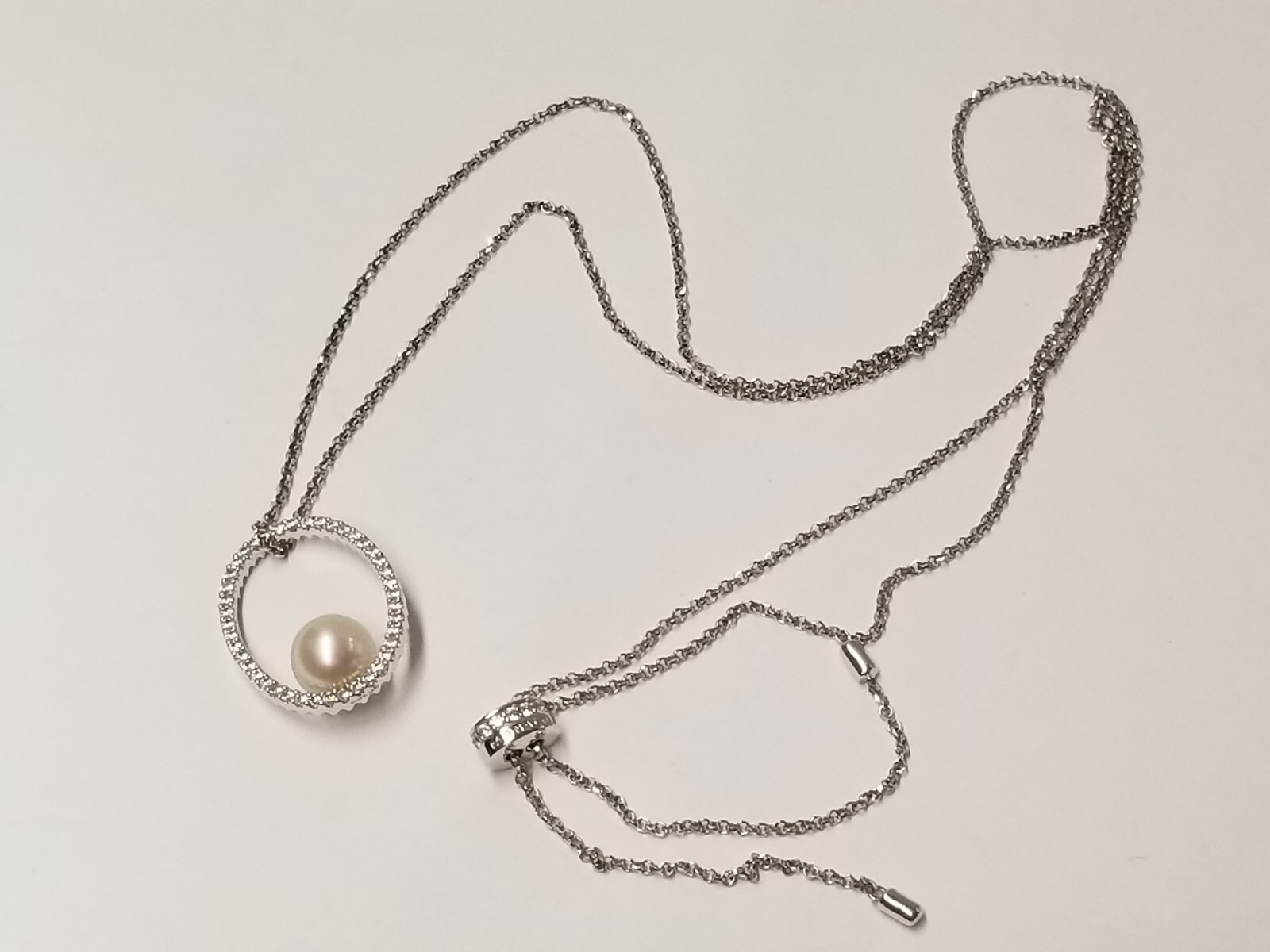 apm Monaco Adjustable Chain Necklace with Pearl CZ Pave Necklace Sterling Silver