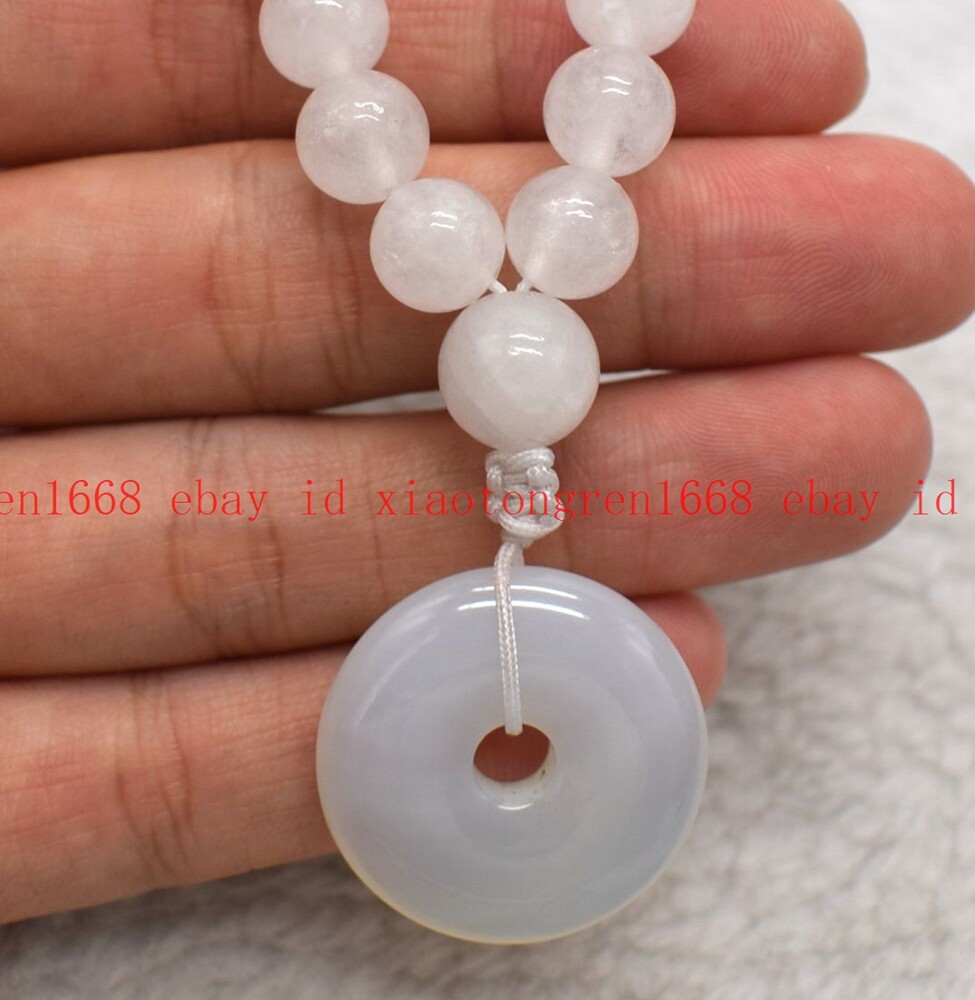 Natural 8mm White Jade & 30mm Circle Donut Gems Round Beads Necklace 16-22in