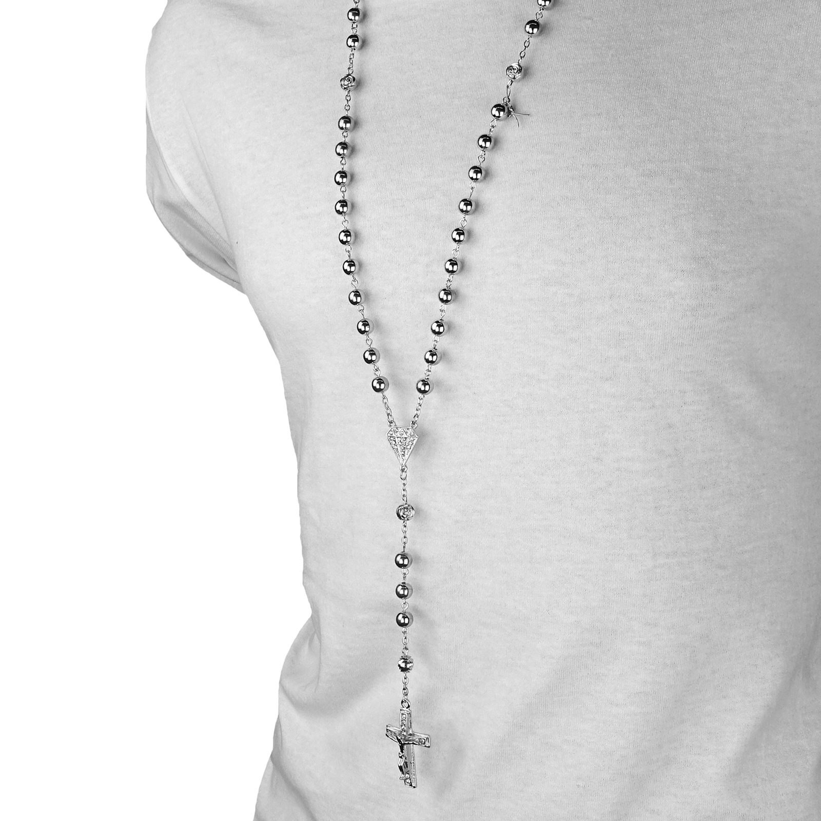 Hip Hop 8mm SILVER plated Beads D-Shape Cubic-Zirconia Rosary & Jesus Cross