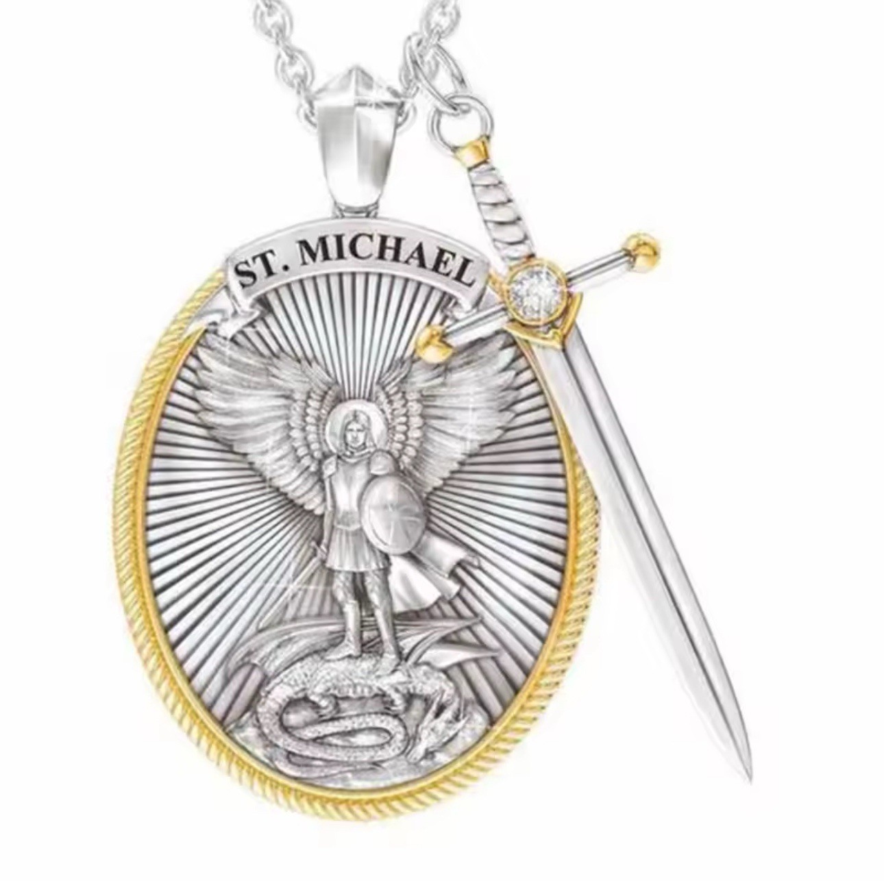 St Michael Archangel Pendant Necklace Stainless Steel Shield Lord’s Prayer 18″