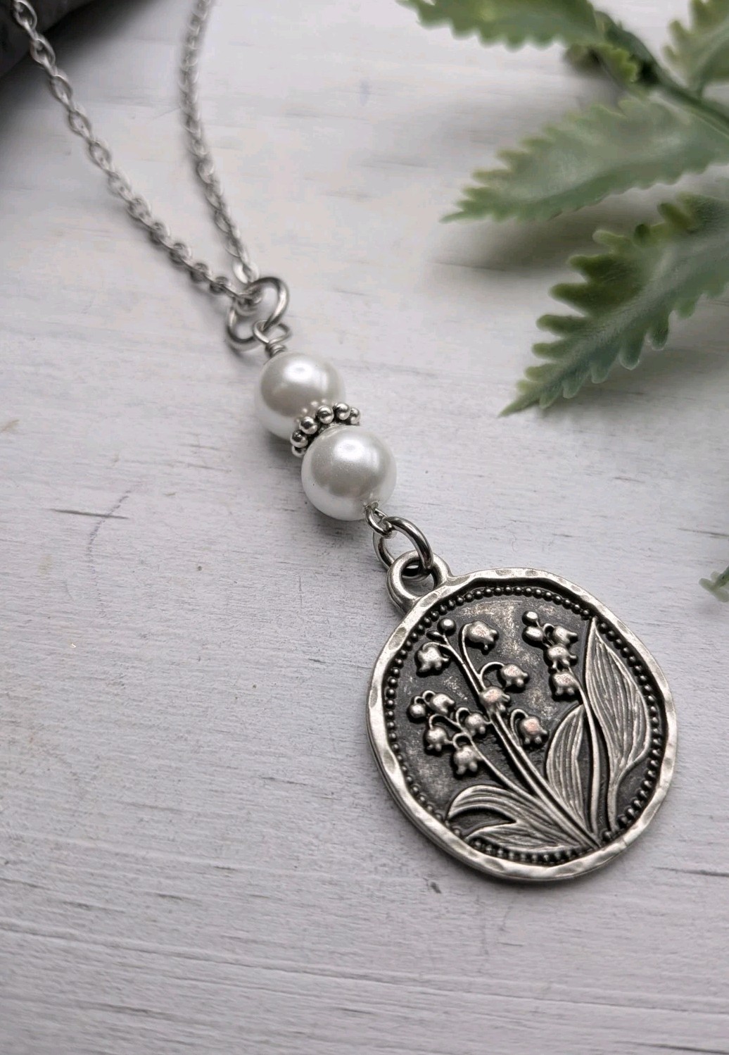 Silver Lily Of The Valley Pendant Necklace With White Pearls / Flowers Gift