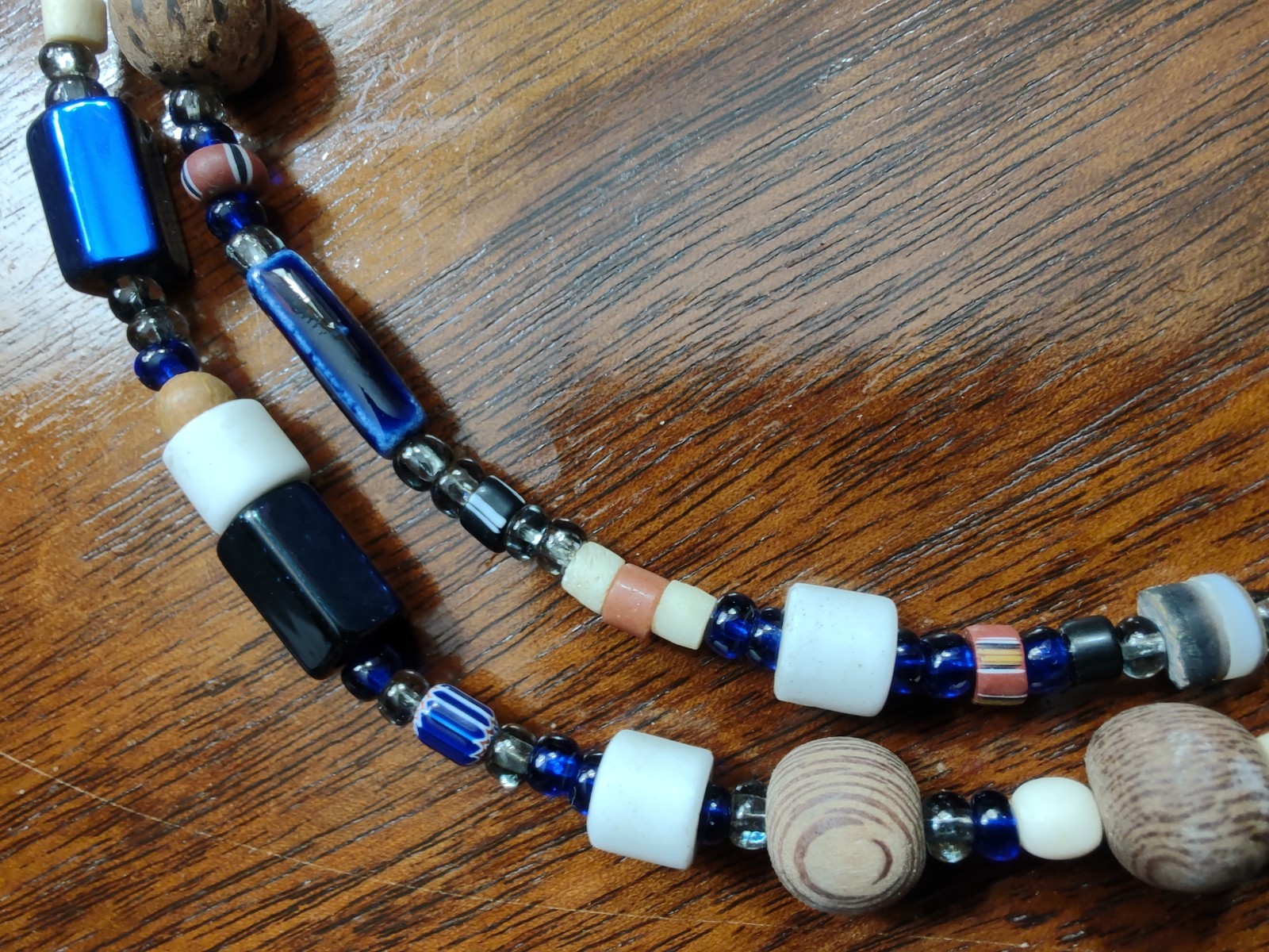 Vintage Homemade Boho Ethnic Beaded Necklace, Glass, Wood, Brass Bell.