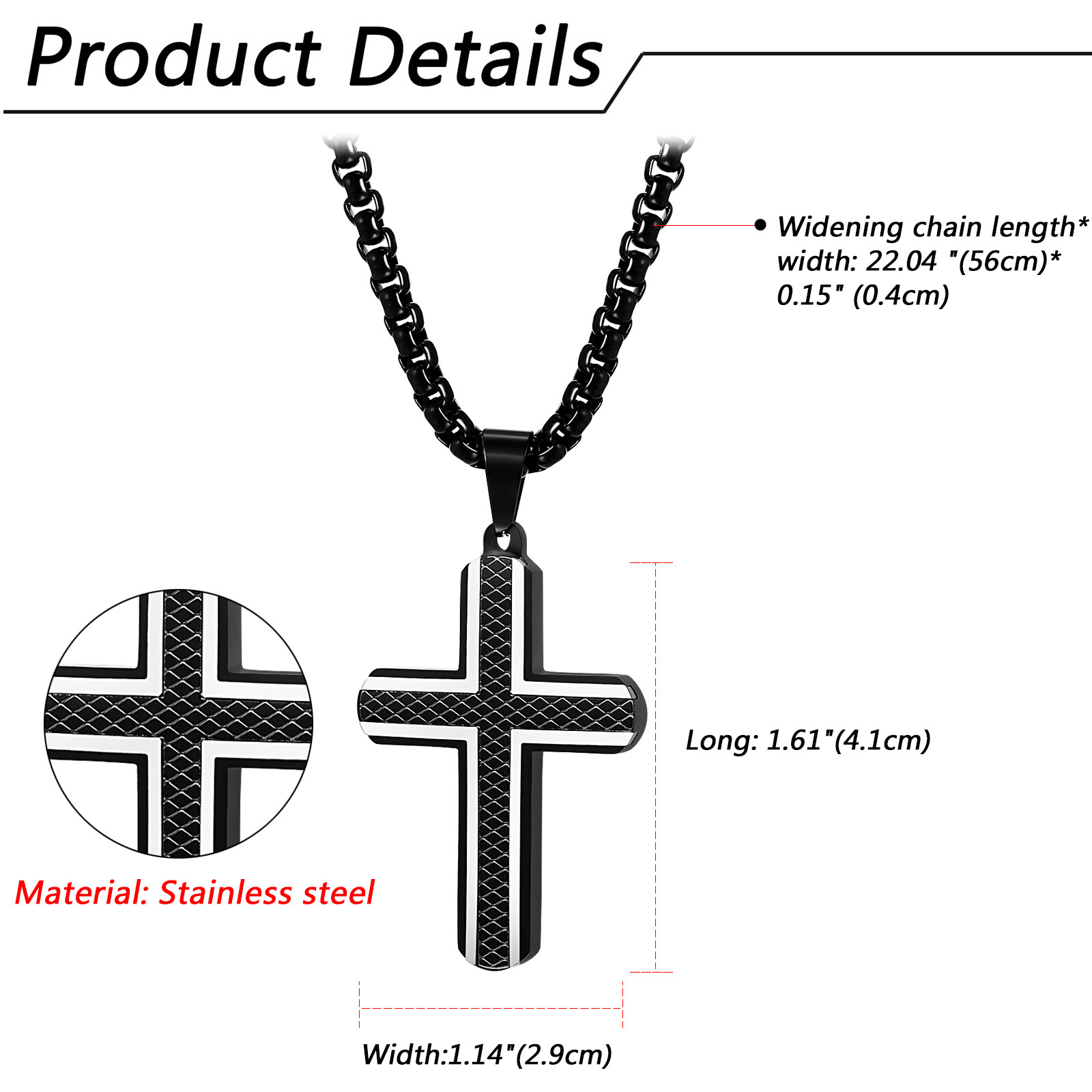 Mens Boys Cool Black Striped Cross Stainless Steel Pendant Necklace Chain 22in