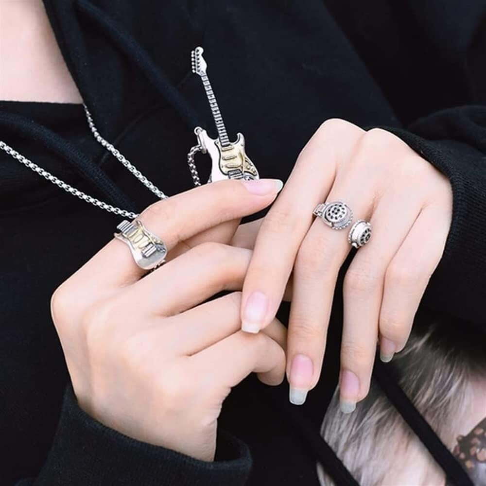 Rock Guitar Necklace and Open Adjustable Rings for Men,Hip Hop Rock Music Gift