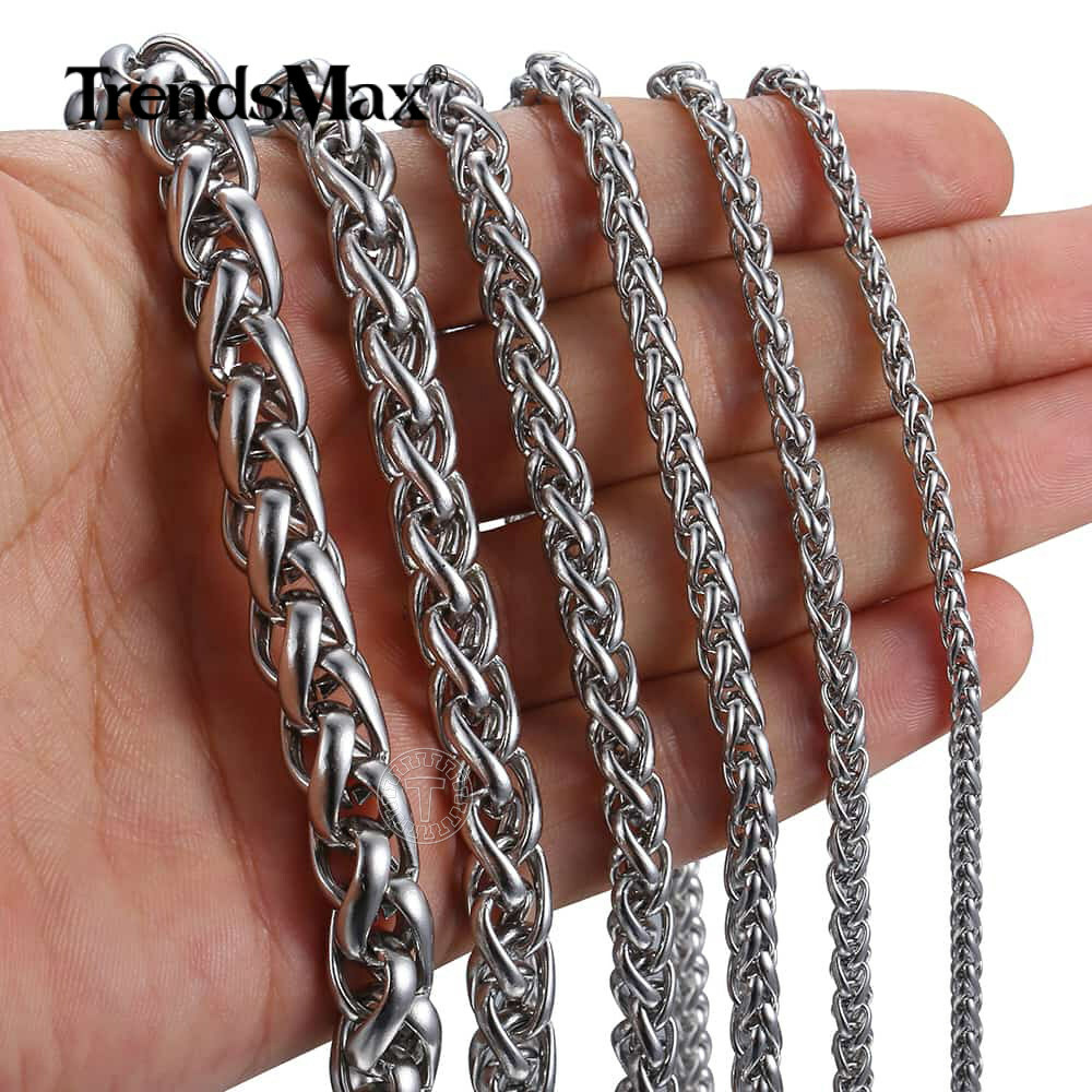 3/4/5/6/8MM Mens Silver Stainless Steel Necklace Wheat Braided Chain 18-30″ Gift