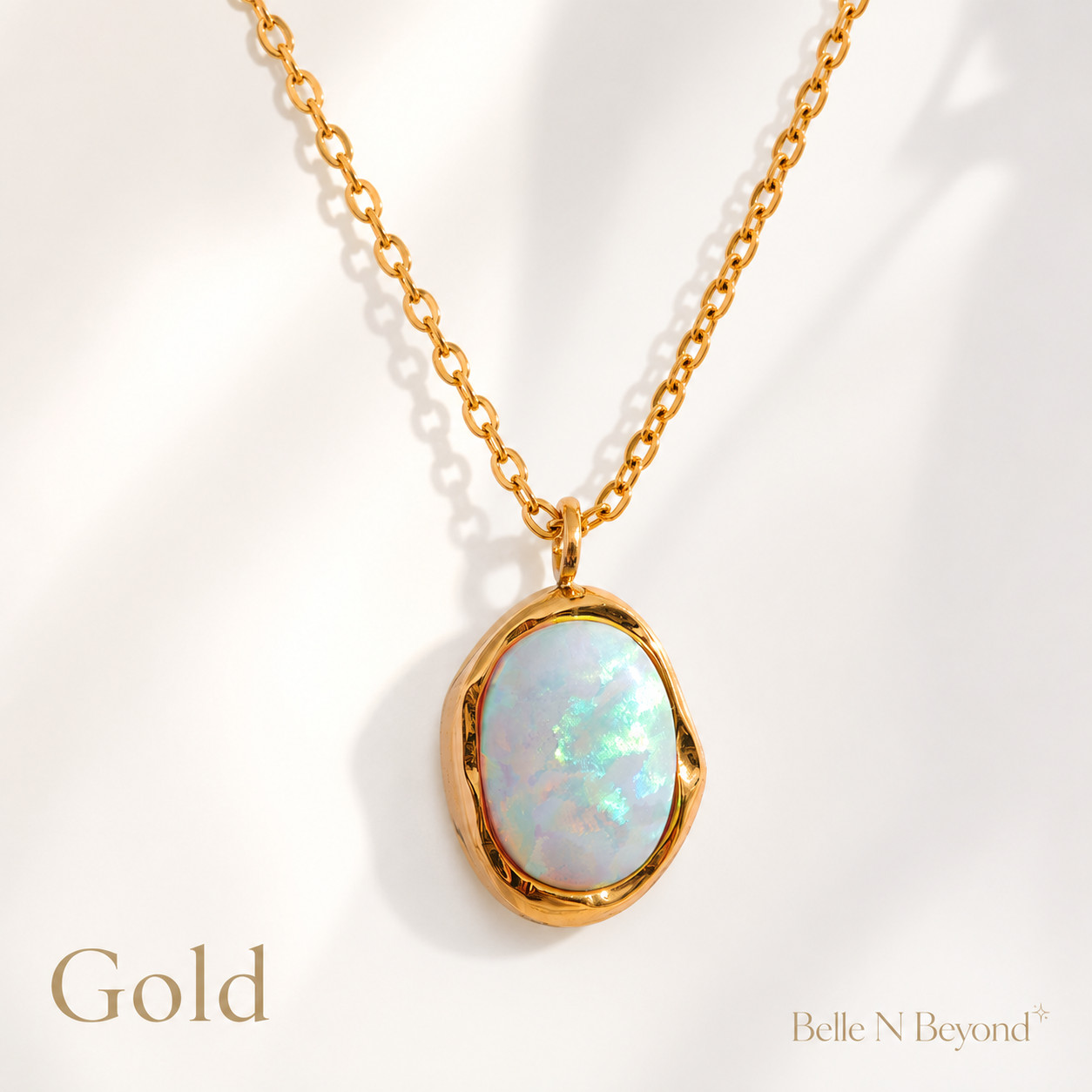 Iridescent Opal Pendant Necklace Gold Silver Tone Stainless Steel 40+5cm