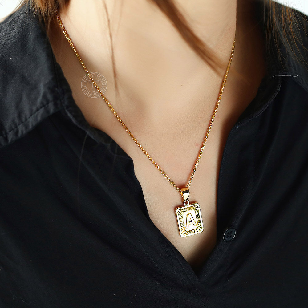 Trendsmax Square Initial Letter Pendant Necklace Gold Plated Rolo Chain Summer