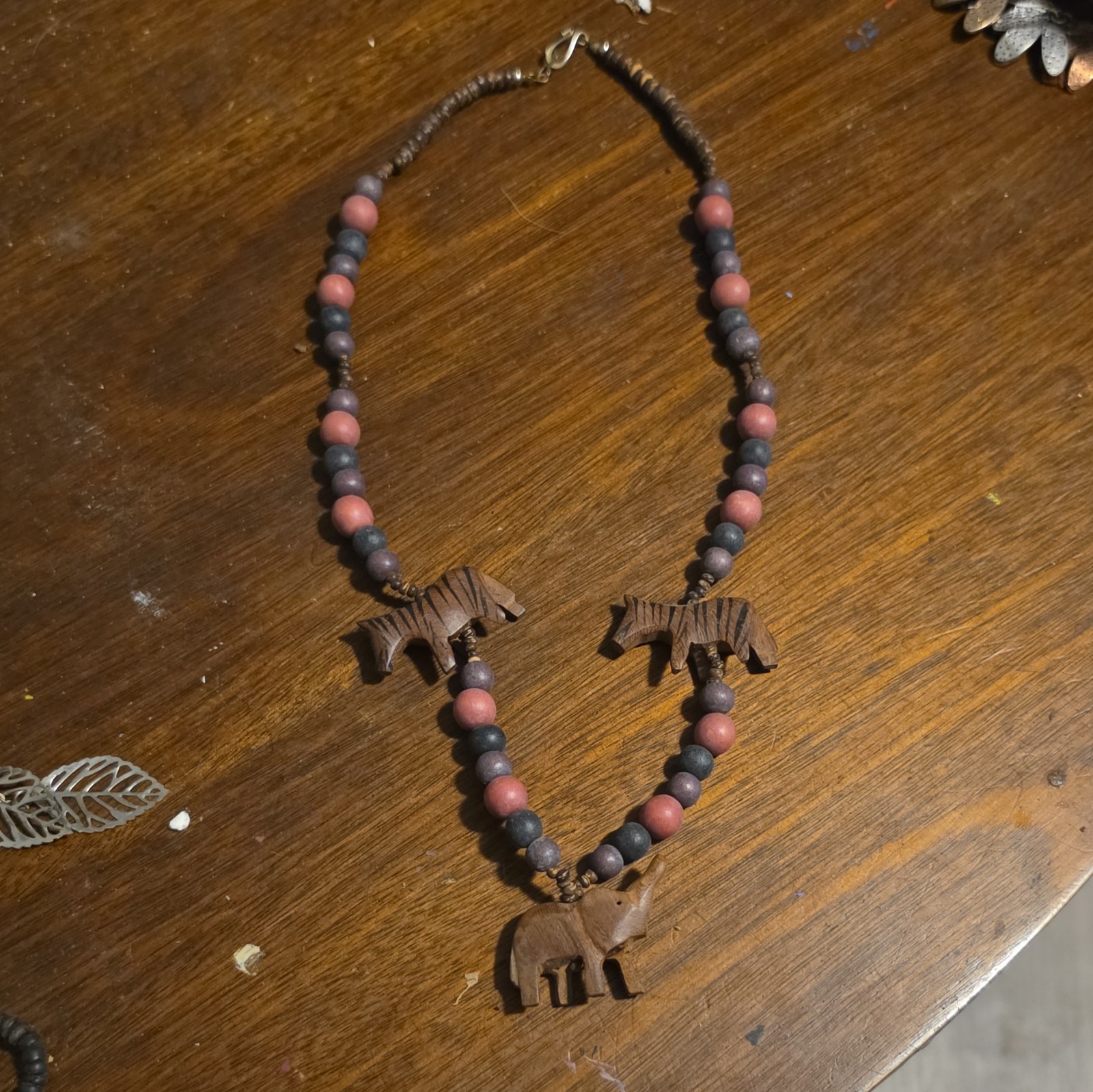 Wood Bead Strand Necklace, Handcrafted Elephant & Zebra Charms, Brown/Black
