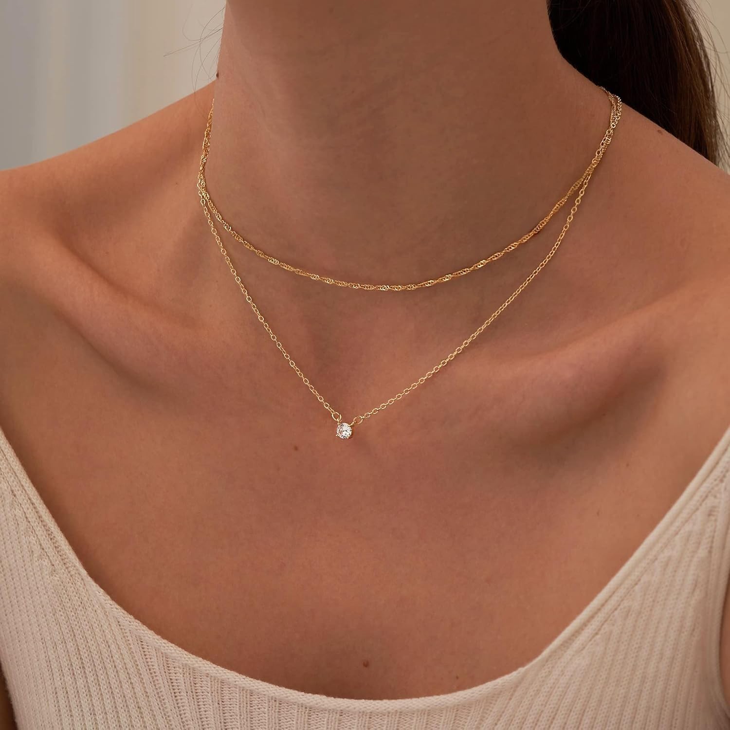 Stunning Dainty Layered Chain 14k Gold Plated CZ Necklace for Special Occasions