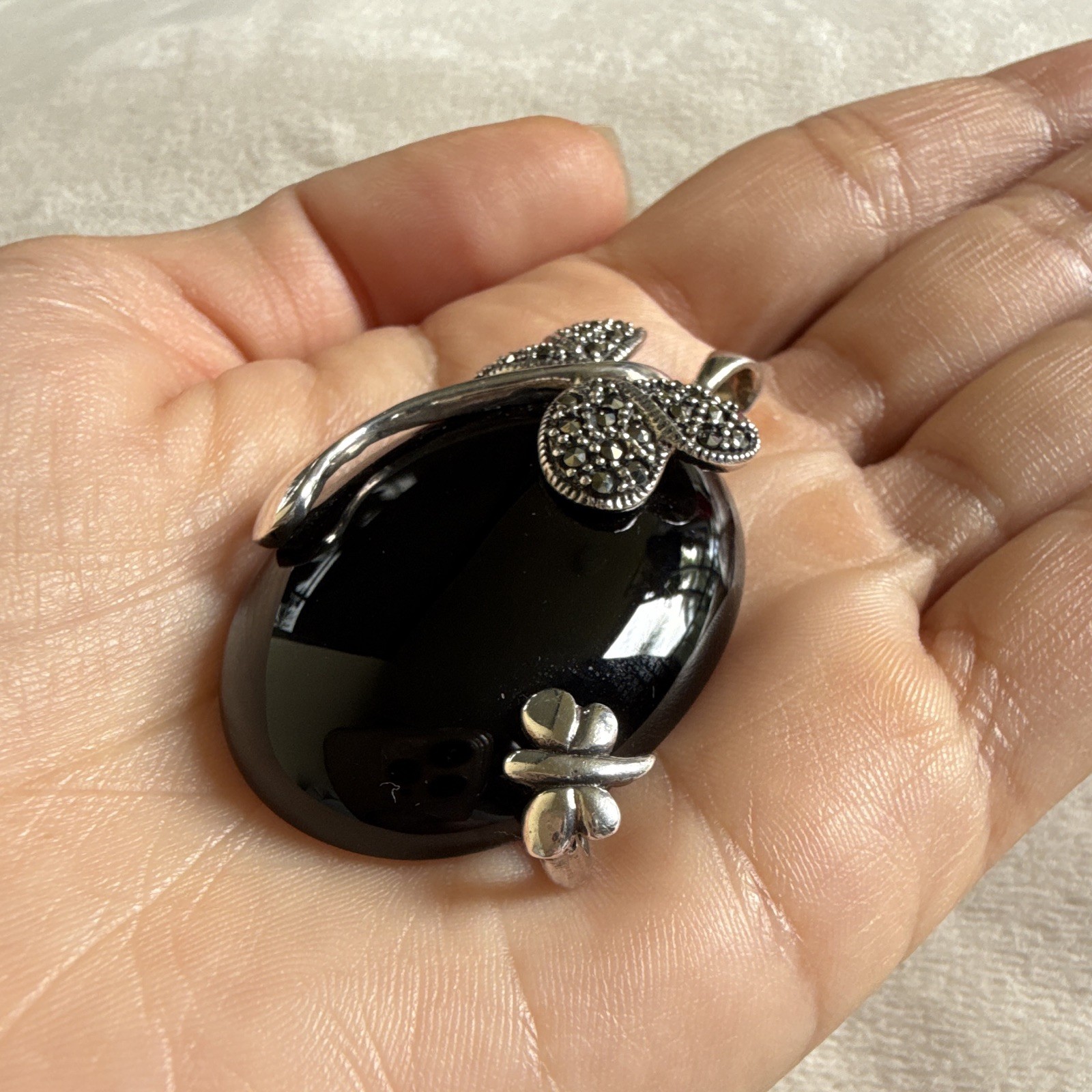 Large 2” Black Onyx Pendant 925 Sterling Silver Marcasite Butterfly Floral State