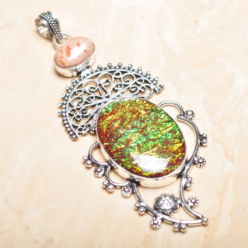 Handmade Sparkling Dichroic Glass 925 Sterling Silver Pendant 3.75″ #P15442