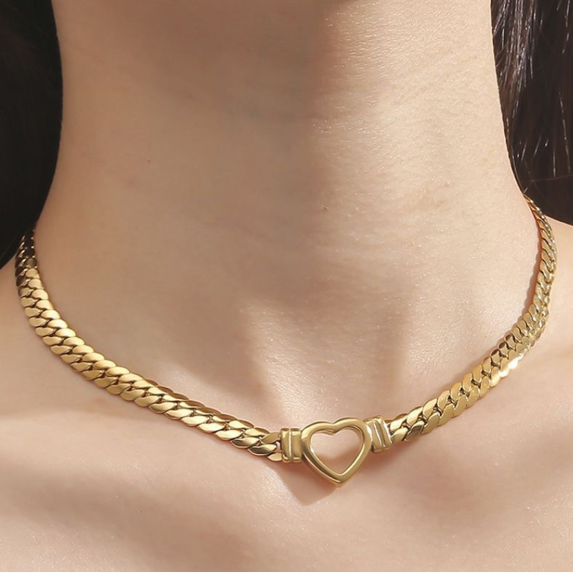 Silver Gold Heart Cuban Chain Stainless Steel Necklace 16-18″ Adjustable AG