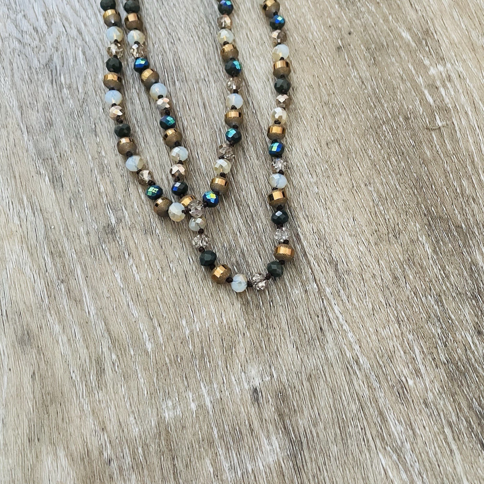 Multi-Strand Beaded Necklace in Gold, White & Black