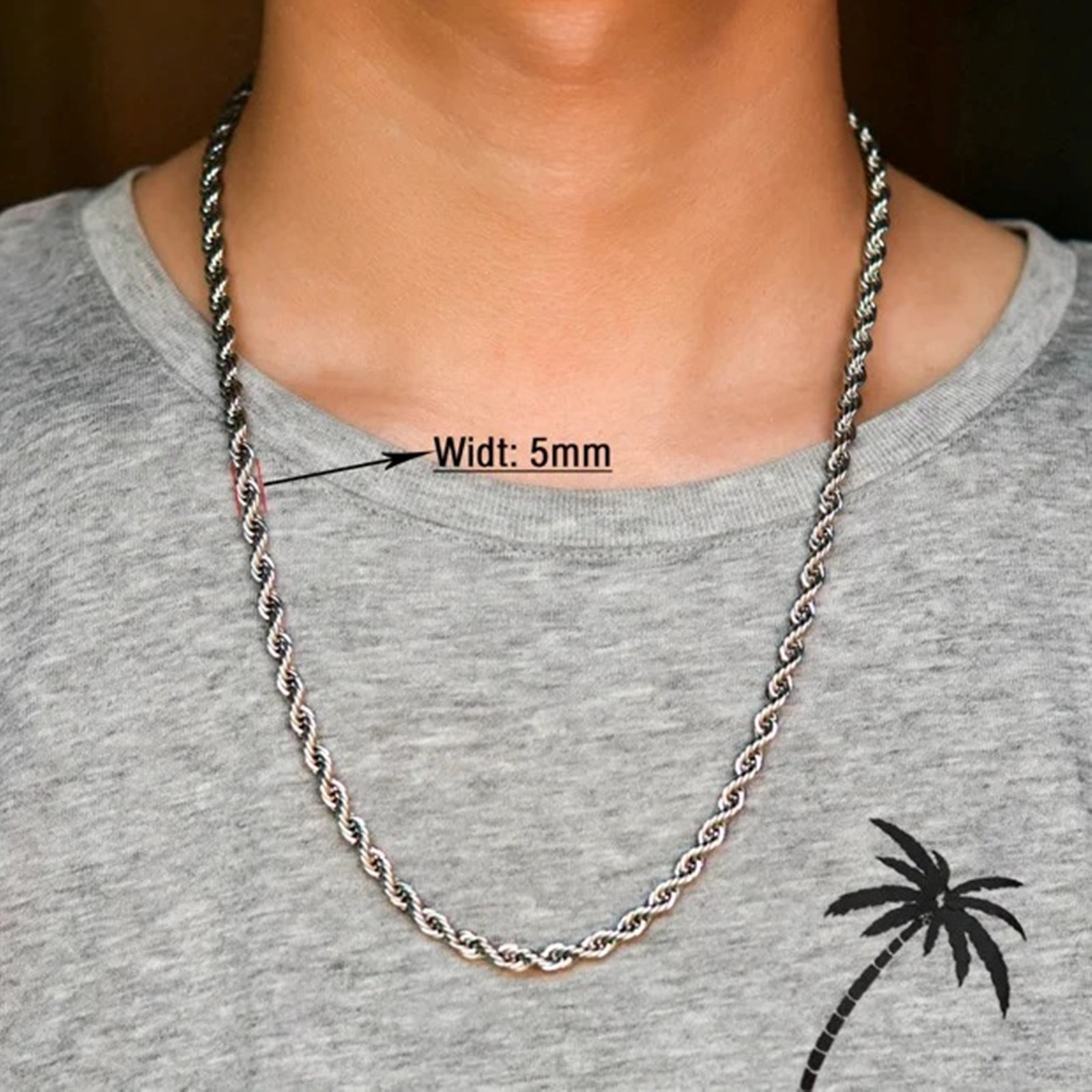 Rope chain necklace for men and women, stainless steel, 16/ 30 in, 2/3/4/5/6mm