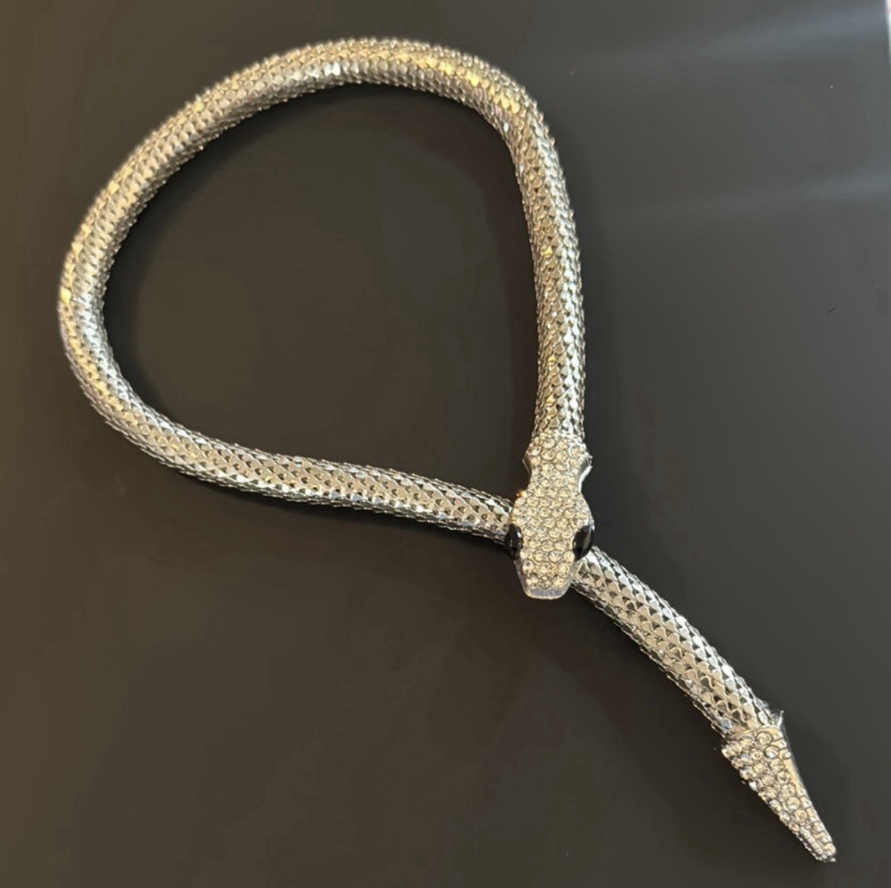 Silver Tone Snake Mesh Chain Necklace, Pavé Crystal Rhinestones, 21 in