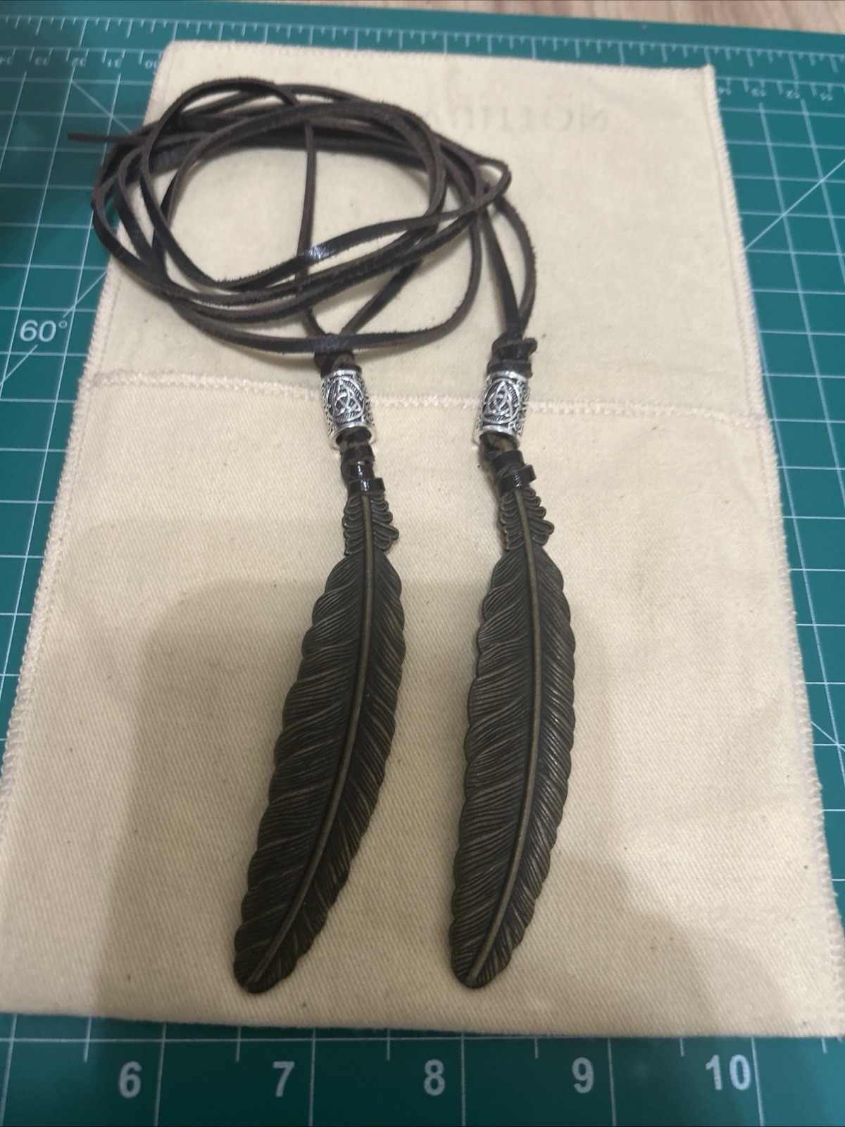 Men/Women 2 Two Vintage Brass Feather Pendant /Leather Straps