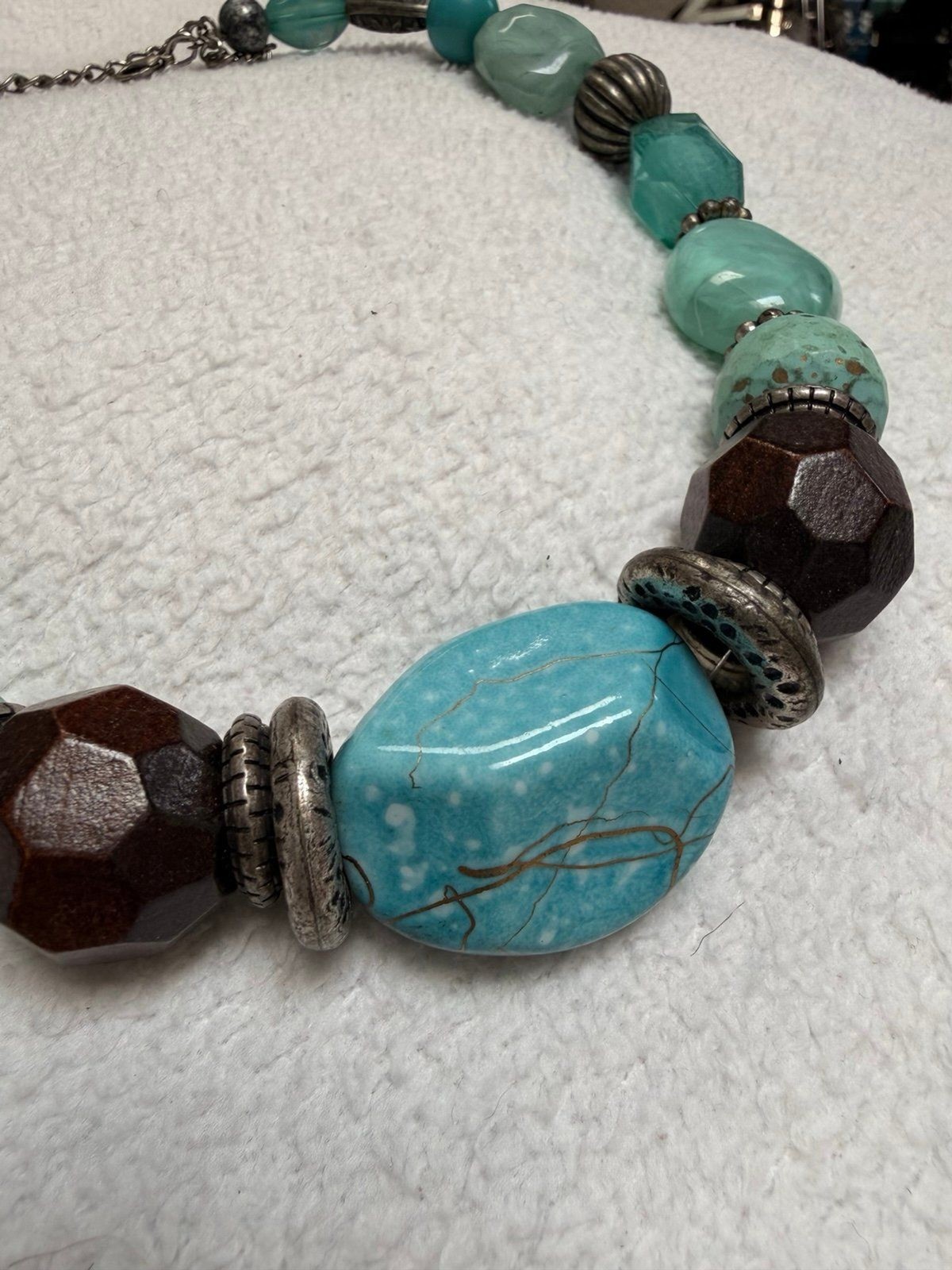 Chunky Turquoise & Aqua Wood Beaded Statement Necklace Boho Artisan