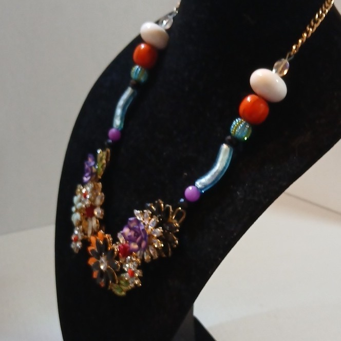 Multicolor Beaded Original Statement Flower Necklace Floral Crystal Accents 1of1